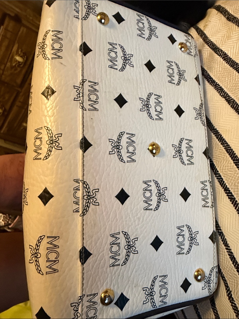 MCM Cream Visetos Satchel with Black Handles and Gold Hardware - Picture 3 of 7